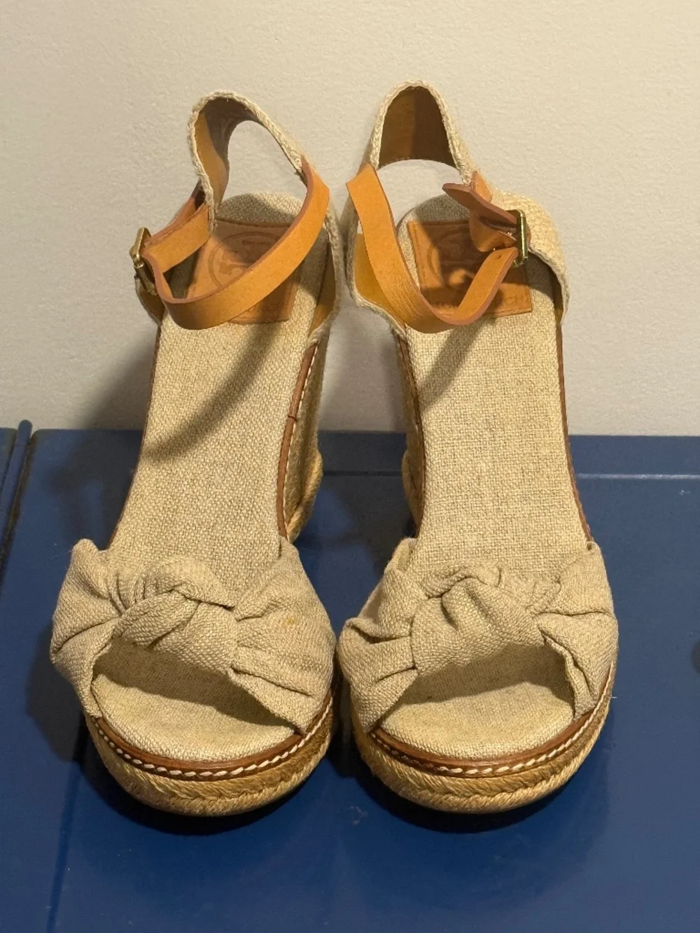 Tory Burch Knotted Linen Espadrille Wedge Sandal Gold Natural 8B Ankle Strap